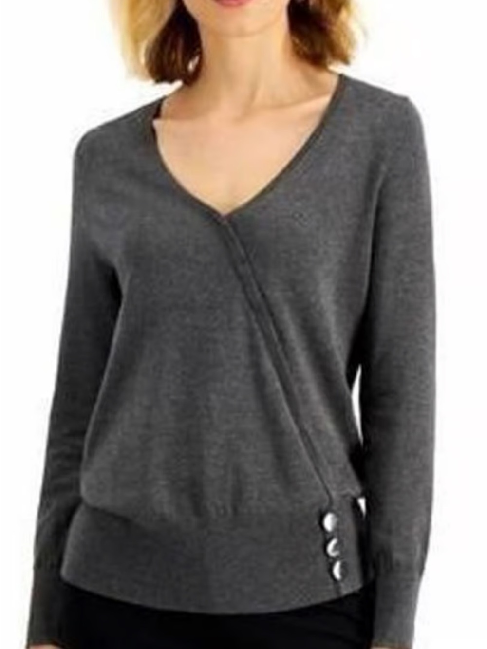 JM Collection Charcoal Gray V-Neck Sweater with Diagonal Overlay